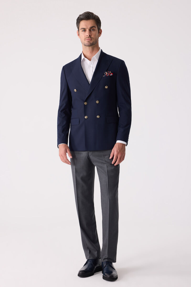 Erkek Lacivert Slim Fit Yün Puntolu Kruvaze Blazer Ceket - 3