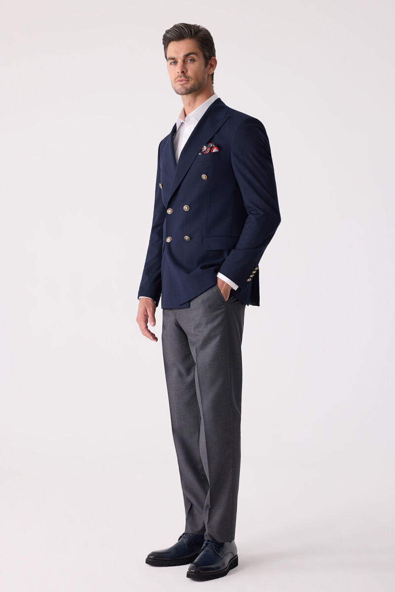 Erkek Lacivert Slim Fit Yün Puntolu Kruvaze Blazer Ceket - 4