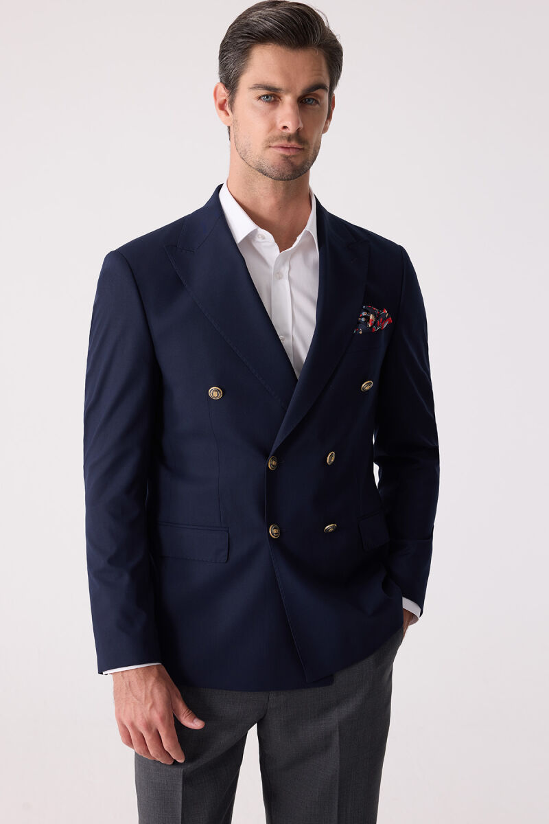 Erkek Lacivert Slim Fit Yün Puntolu Kruvaze Blazer Ceket - 5