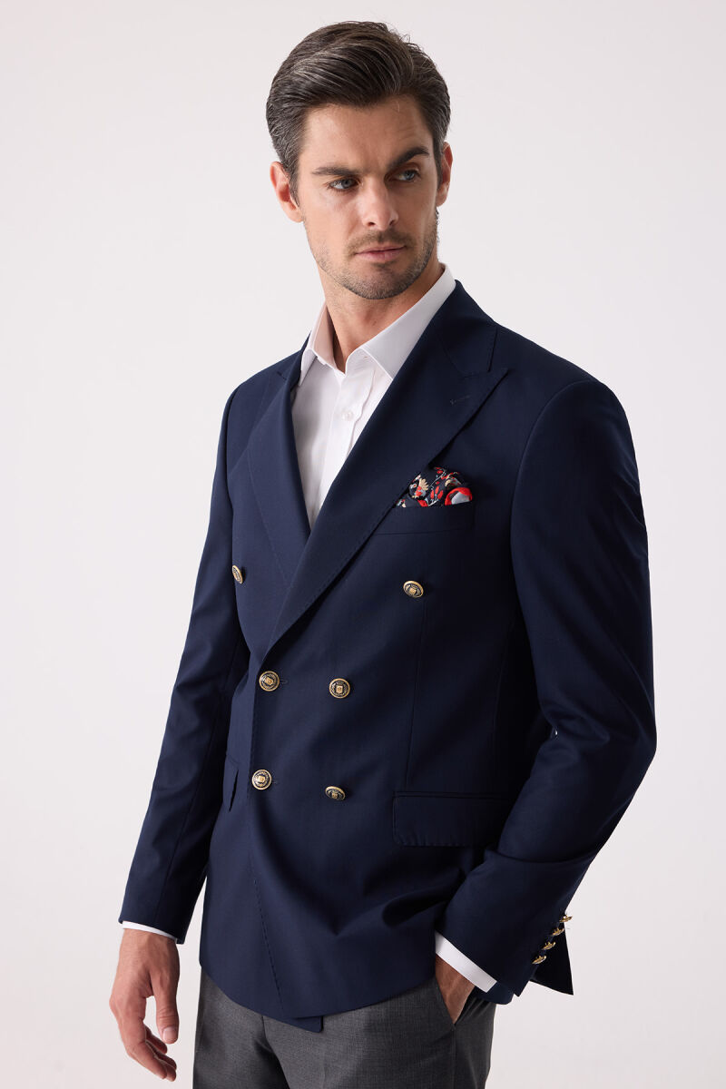 Erkek Lacivert Slim Fit Yün Puntolu Kruvaze Blazer Ceket - 6