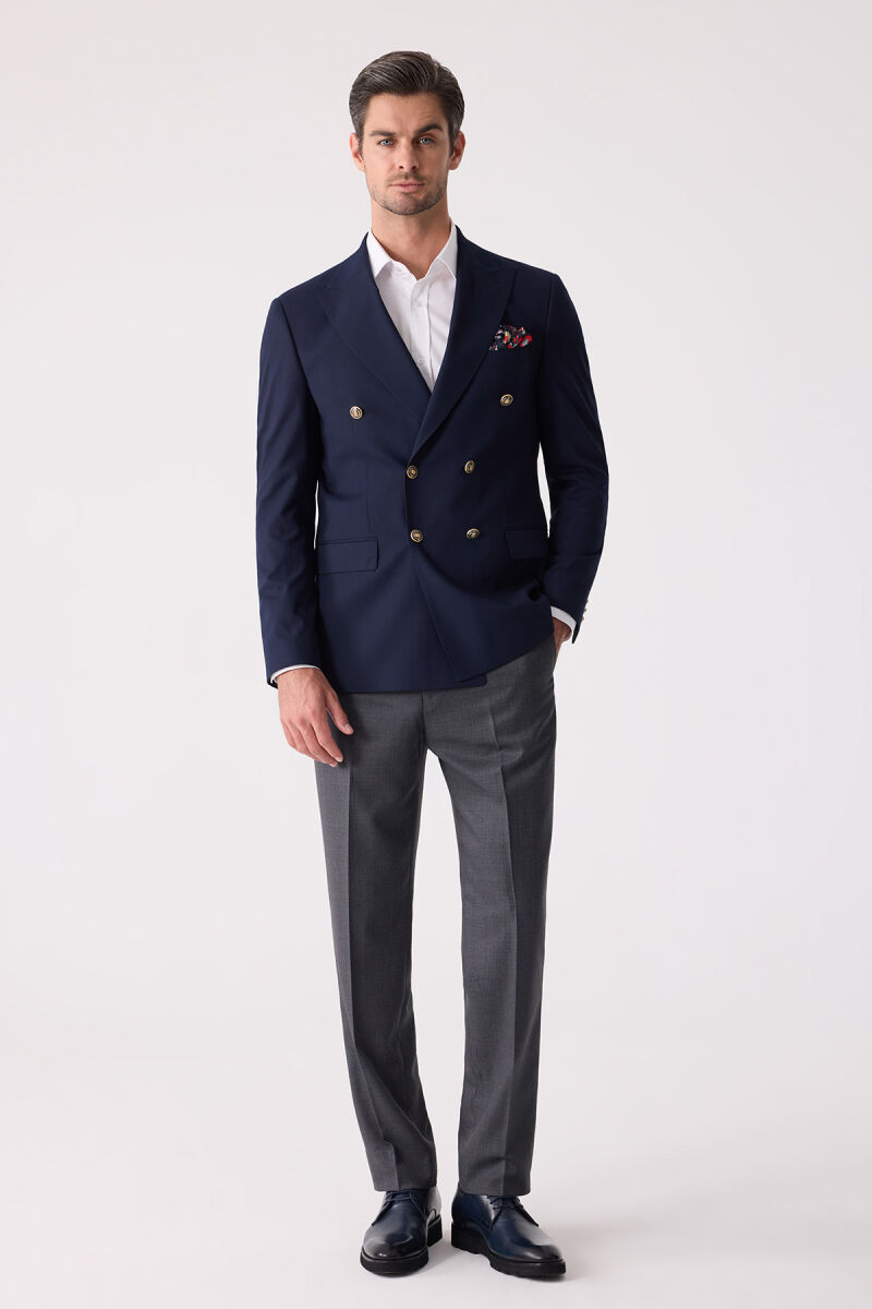 Erkek Lacivert Slim Fit Yün Puntolu Kruvaze Blazer Ceket - 7