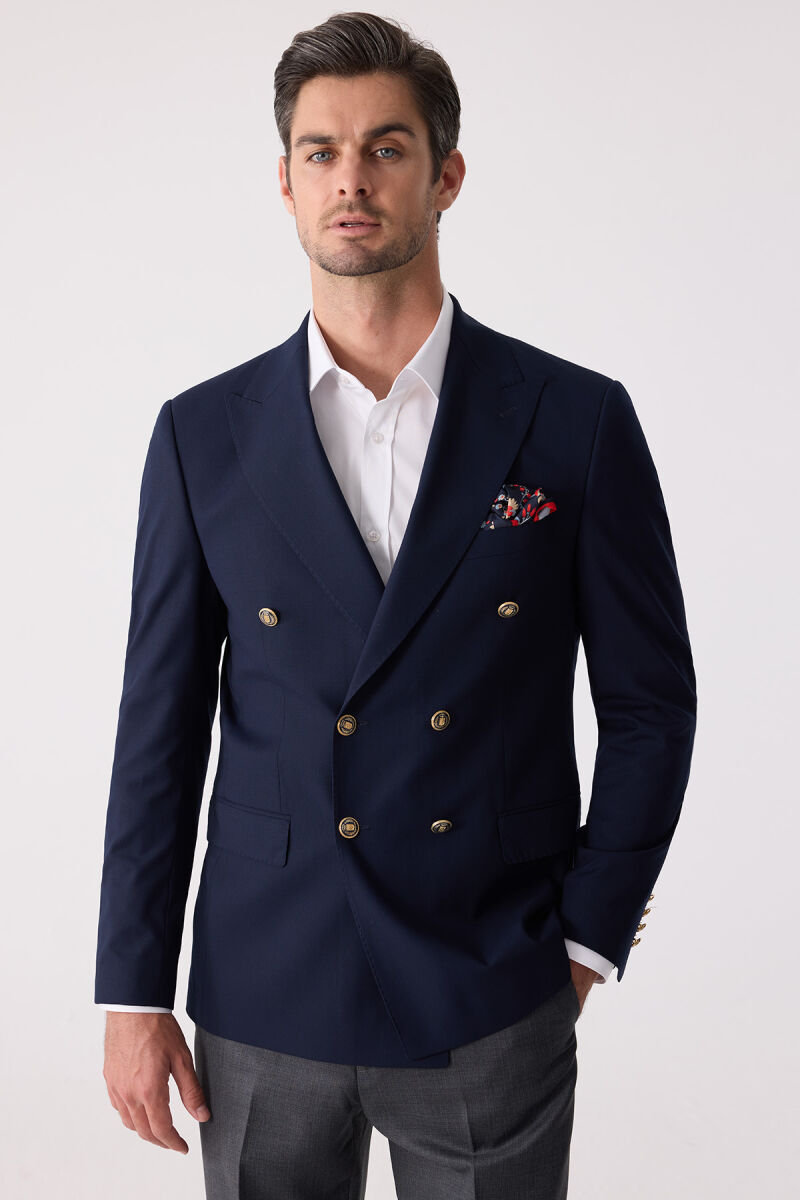 Erkek Lacivert Slim Fit Yün Puntolu Kruvaze Blazer Ceket - 8