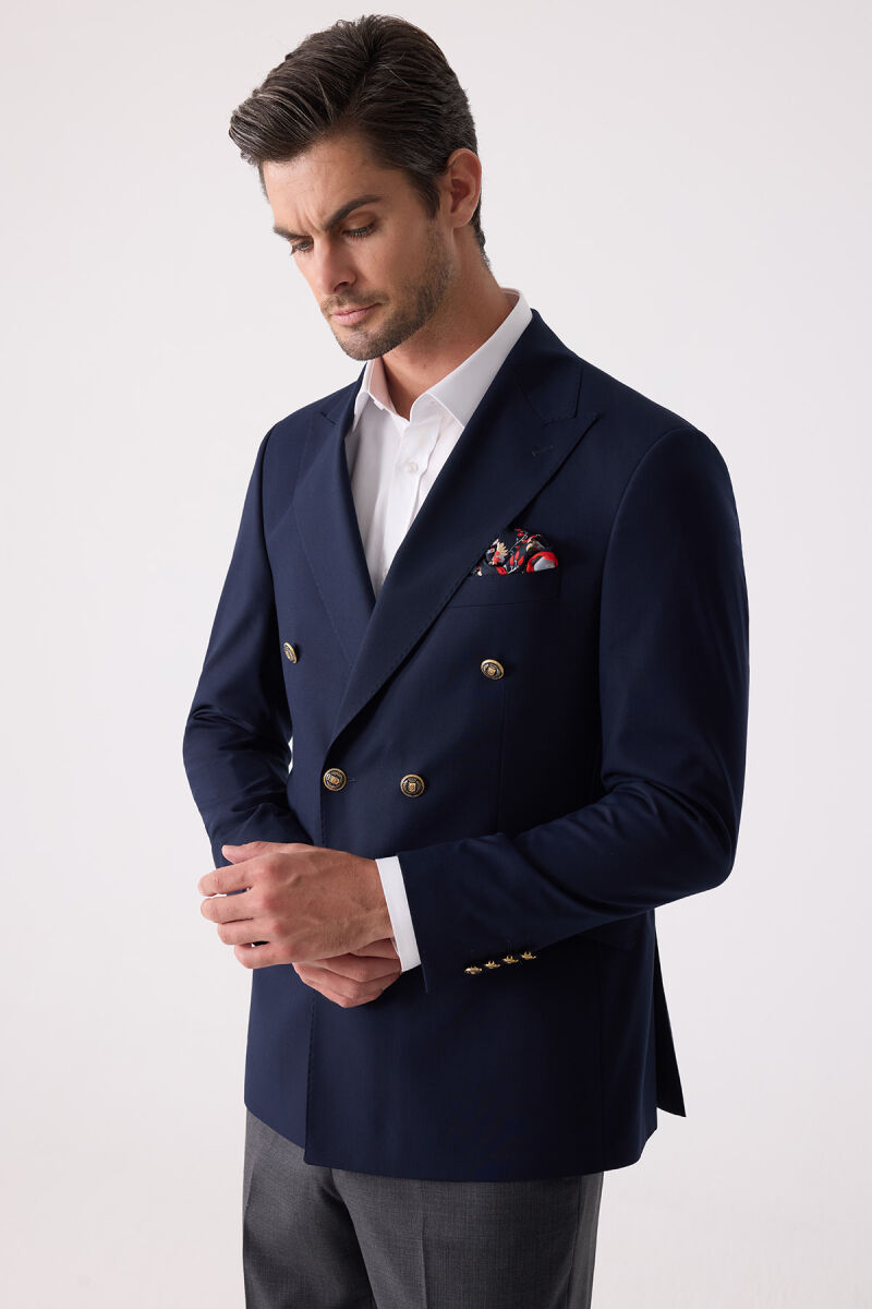 Erkek Lacivert Slim Fit Yün Puntolu Kruvaze Blazer Ceket - 9