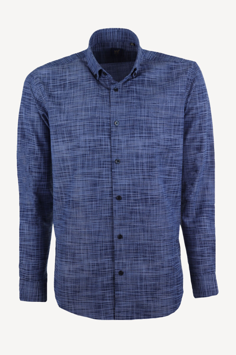 Erkek Lacivert Spor Desenli Uzun Kol Gömlek - 1