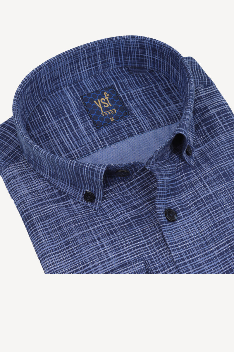 Erkek Lacivert Spor Desenli Uzun Kol Gömlek - 2