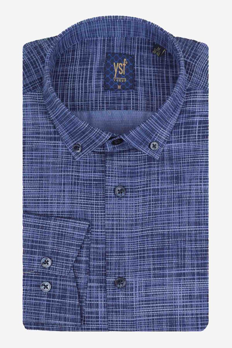 Erkek Lacivert Spor Desenli Uzun Kol Gömlek - 3