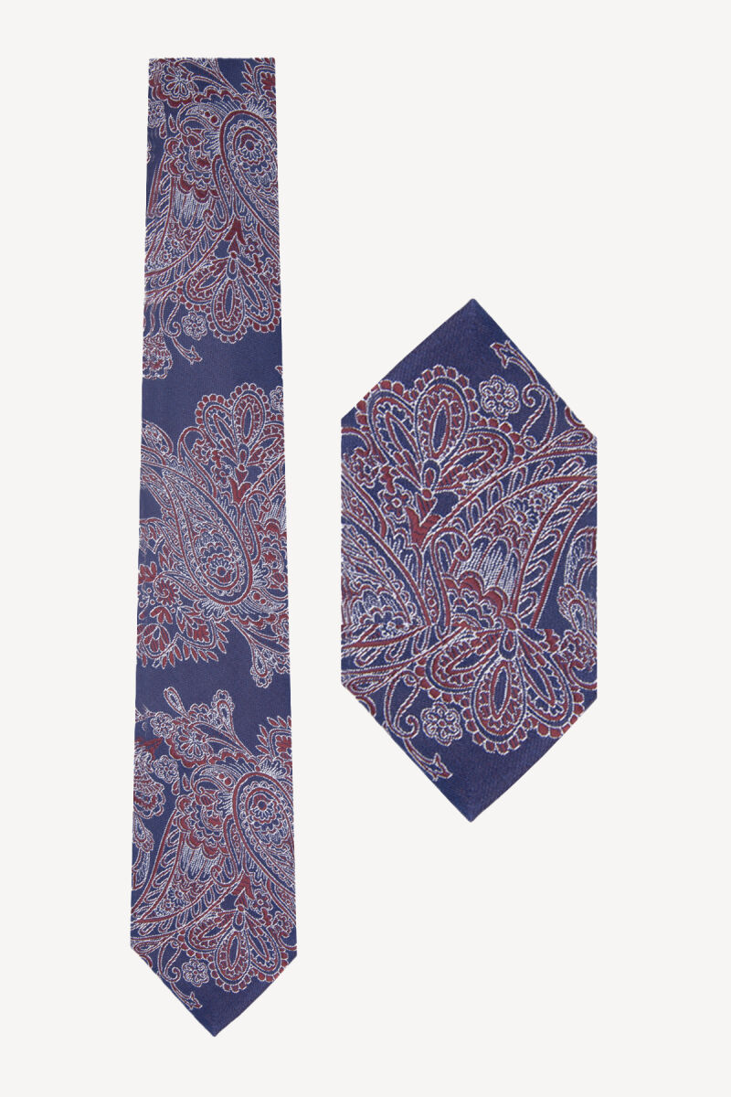 Erkek Lacivert Taba Desenli Kravat Mendil - 1