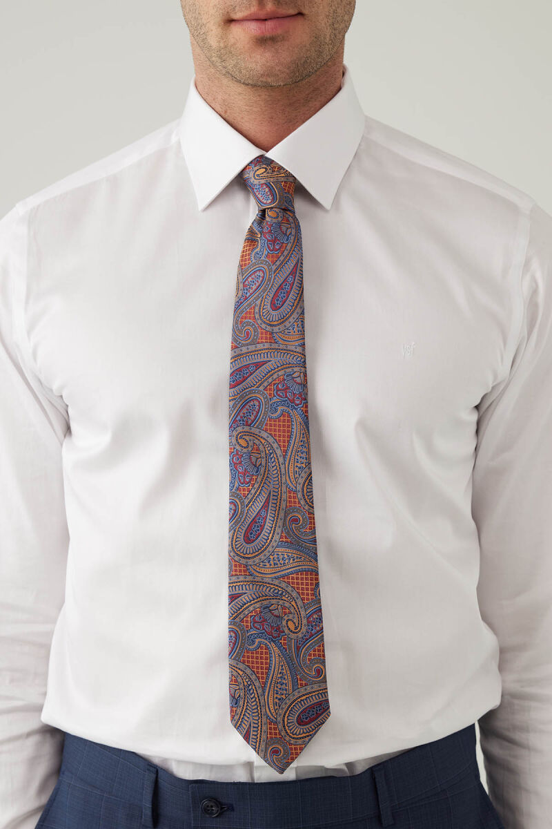 Erkek Lacivert Taba Desenli Kravat Mendil Set - 1