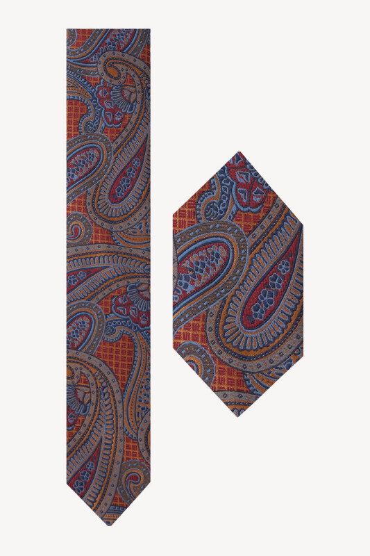 Erkek Lacivert Taba Desenli Kravat Mendil Set - YSF (1)