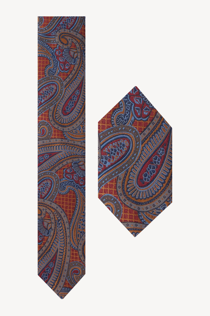 Erkek Lacivert Taba Desenli Kravat Mendil Set - 2