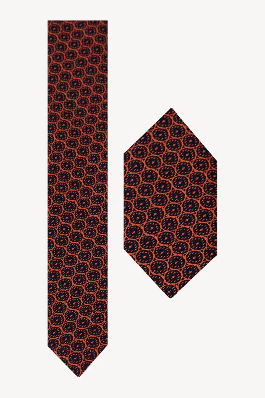 Erkek Lacivert Taba Desenli Kravat Mendilli Set - YSF