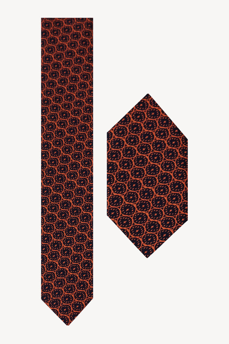Erkek Lacivert Taba Desenli Kravat Mendilli Set - 1