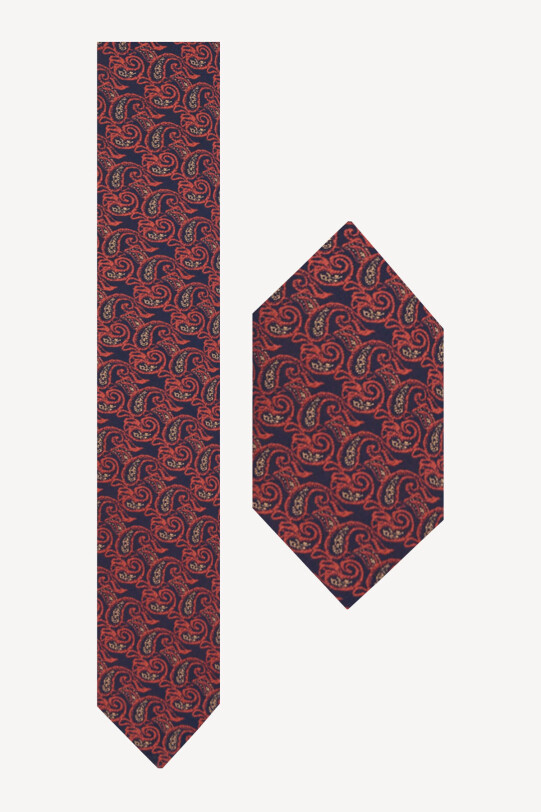 Erkek Lacivert Taba Karışık Desenli Kravat Mendil Set - YSF