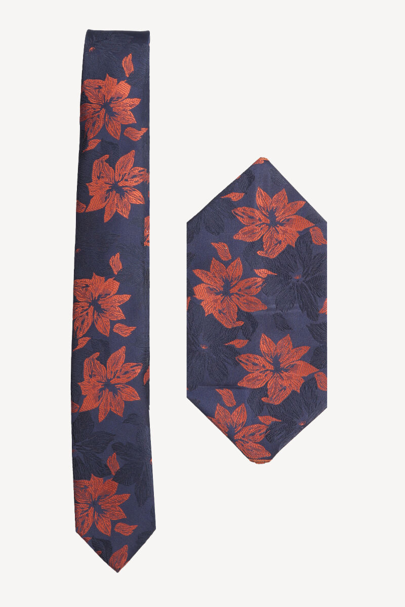 Erkek Lacivert Taba Desenli Kravat Mendil Set - 1