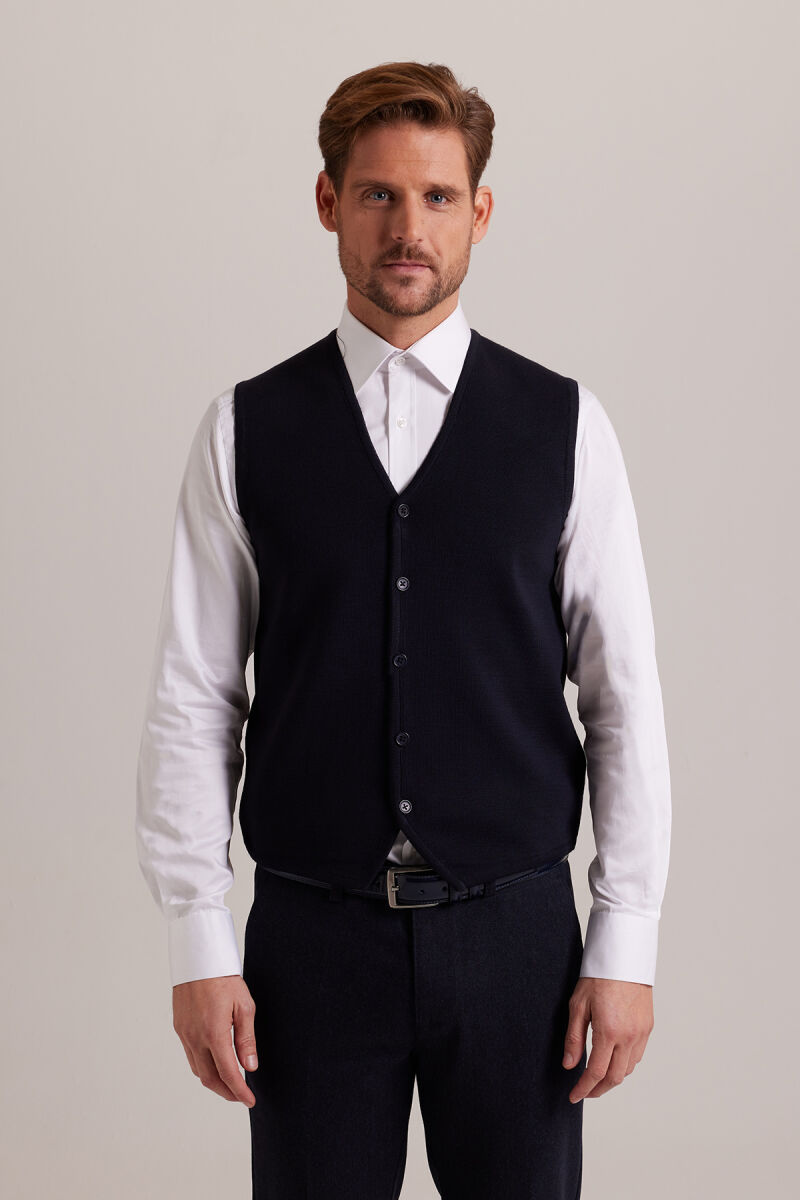 Erkek Lacivert Triko Yelek - 1