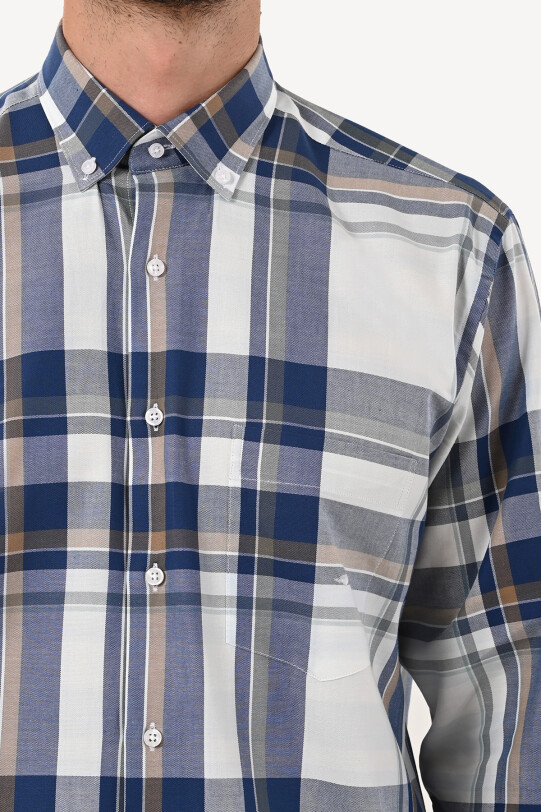 Erkek Lacivert Uzun Kol Kareli Regular Fit Yaka Düğmeli Gömlek