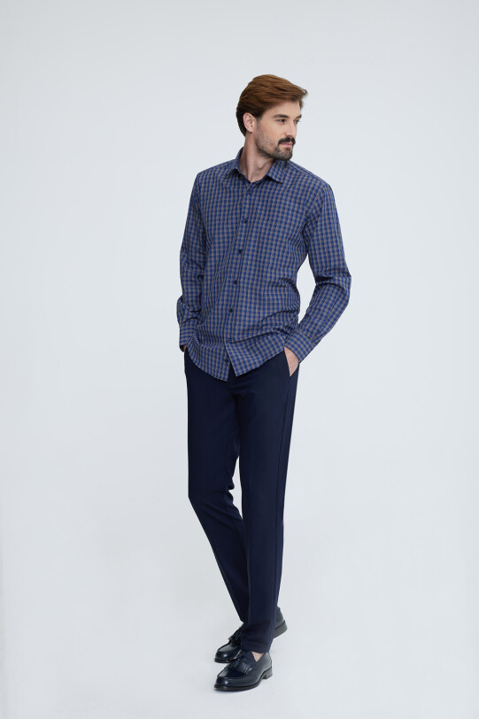 Erkek Lacivert Uzun Kol Regular Fit Yaka Düğmeli Gömlek