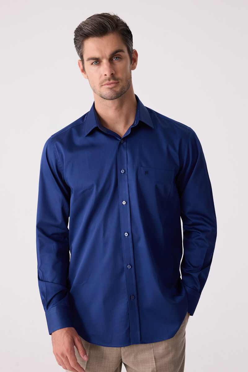 Erkek Lacivert Uzun Kol Saten Gömlek - 1