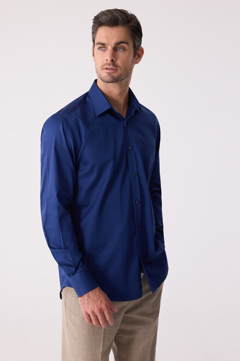 Erkek Lacivert Uzun Kol Saten Gömlek - 2