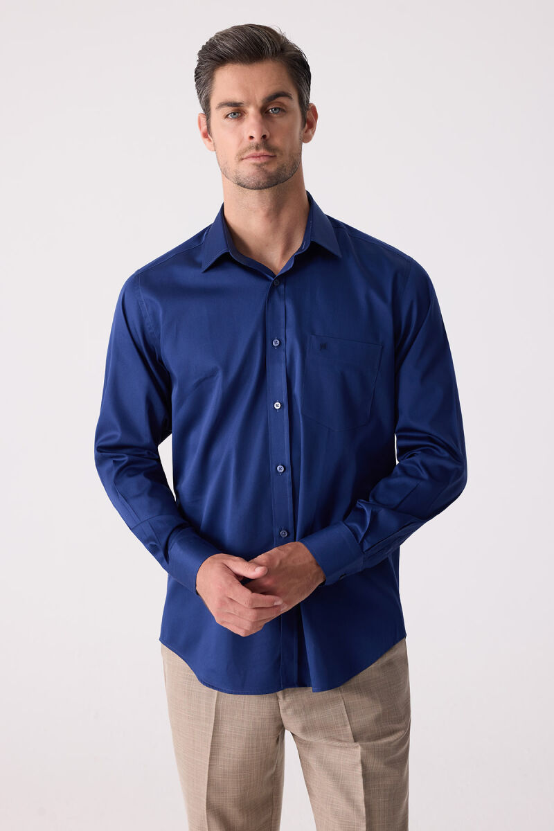 Erkek Lacivert Uzun Kol Saten Gömlek - 3