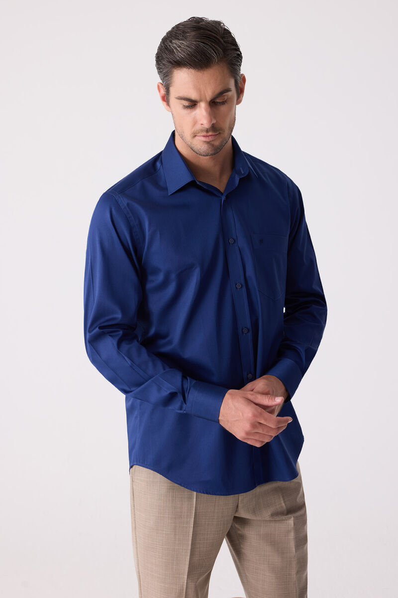 Erkek Lacivert Uzun Kol Saten Gömlek - 4