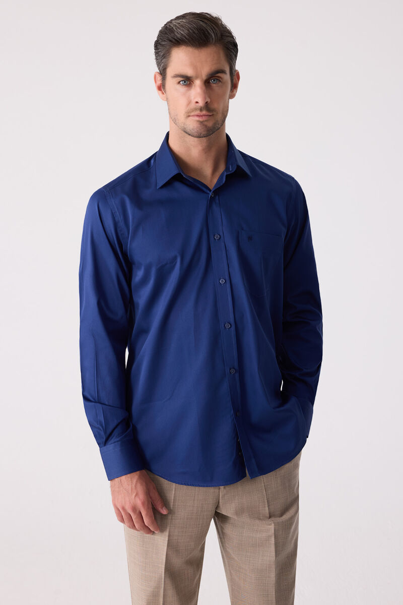 Erkek Lacivert Uzun Kol Saten Gömlek - 5
