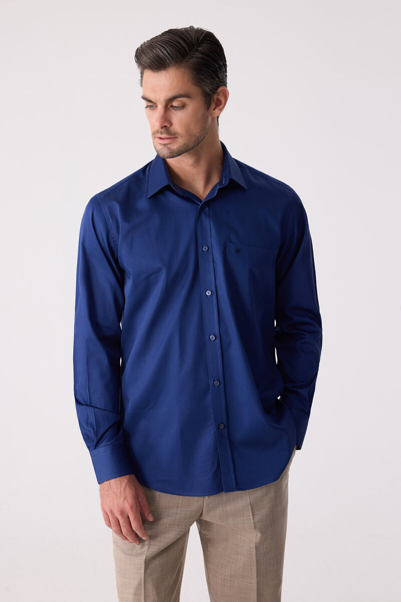 Erkek Lacivert Uzun Kol Saten Gömlek - 6