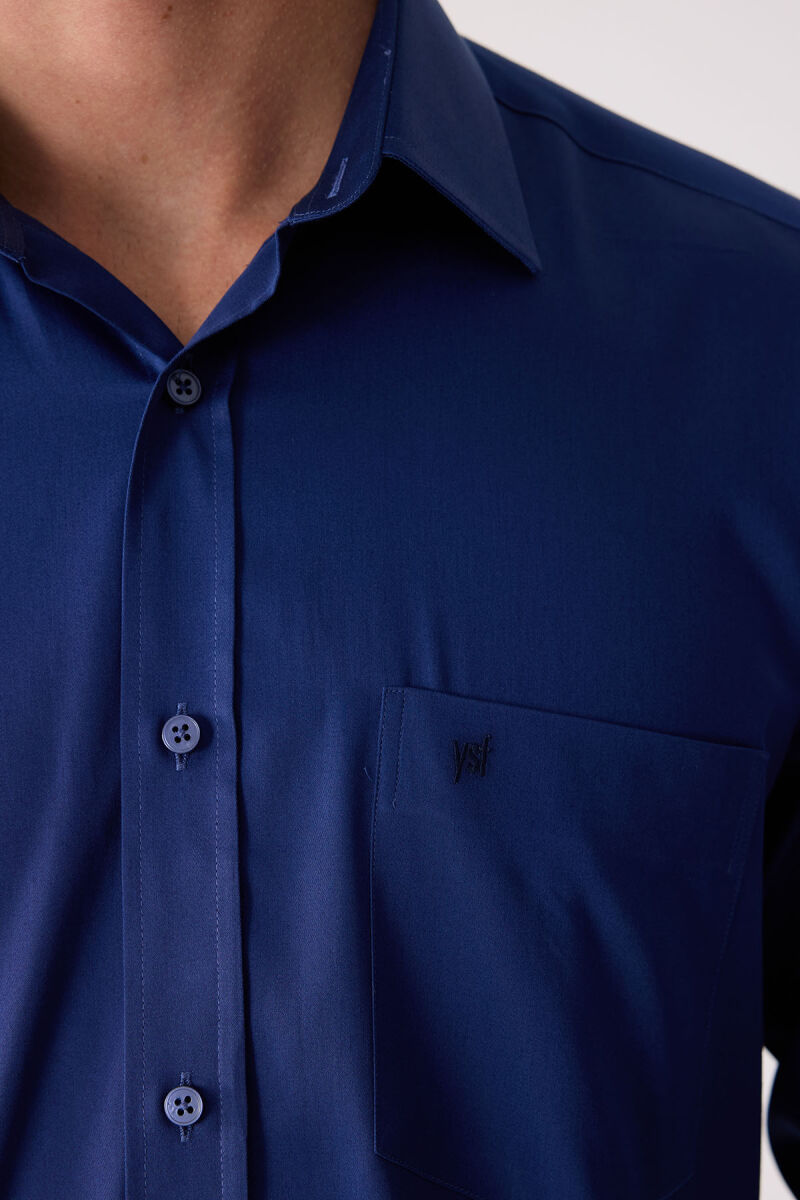 Erkek Lacivert Uzun Kol Saten Gömlek - 7
