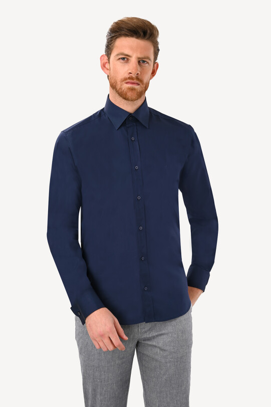 Erkek Lacivert Uzun Kol Silim Fit Saten Gömlek