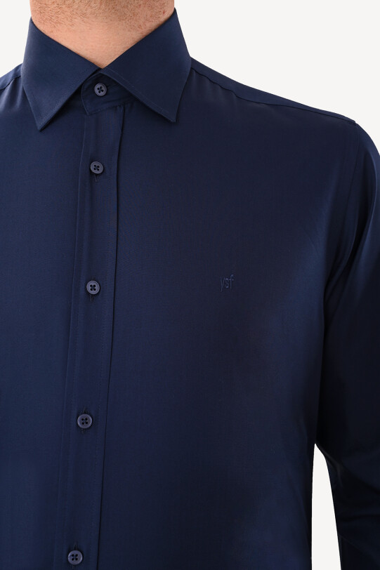 Erkek Lacivert Uzun Kol Silim Fit Saten Gömlek