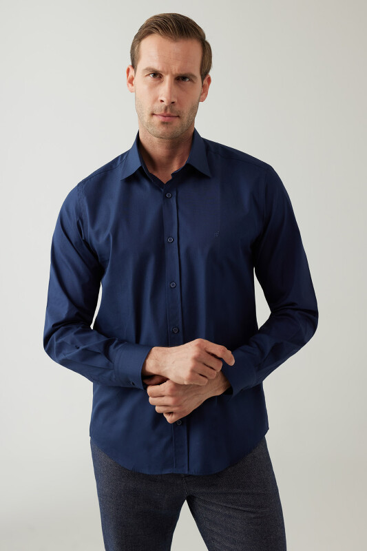 Erkek Lacivert Uzun Kol Silim Fit Saten Gömlek