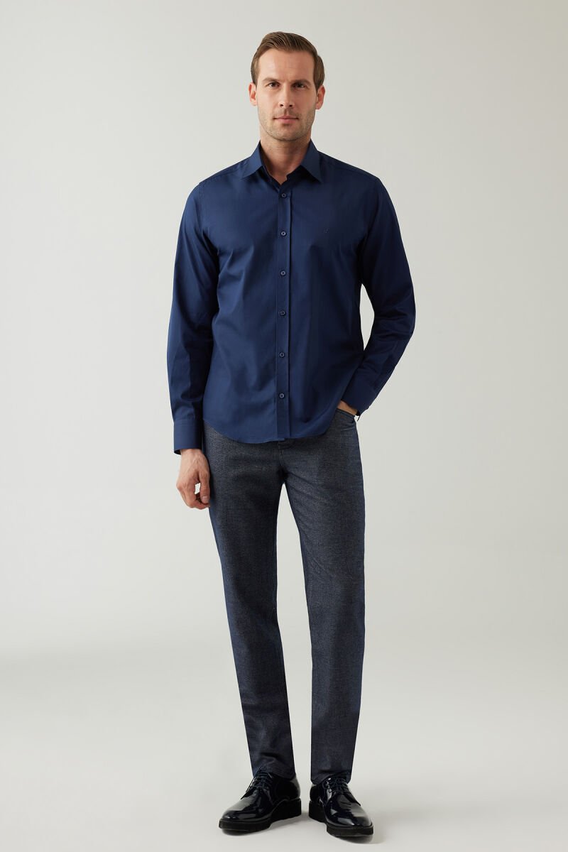 Erkek Lacivert Uzun Kol Silim Fit Saten Gömlek - 3