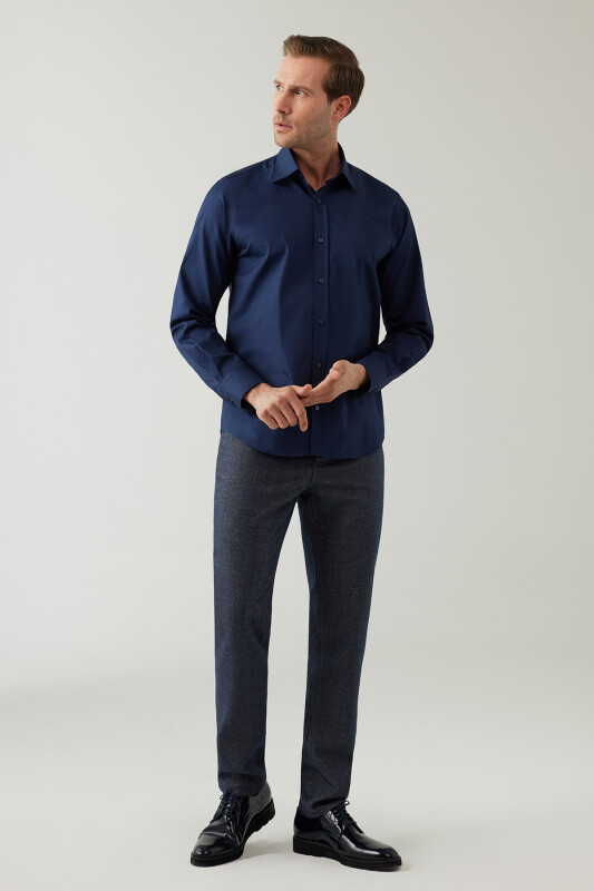 Erkek Lacivert Uzun Kol Silim Fit Saten Gömlek