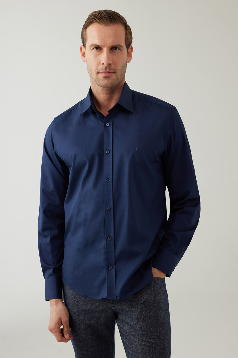 Erkek Lacivert Uzun Kol Silim Fit Saten Gömlek - 5