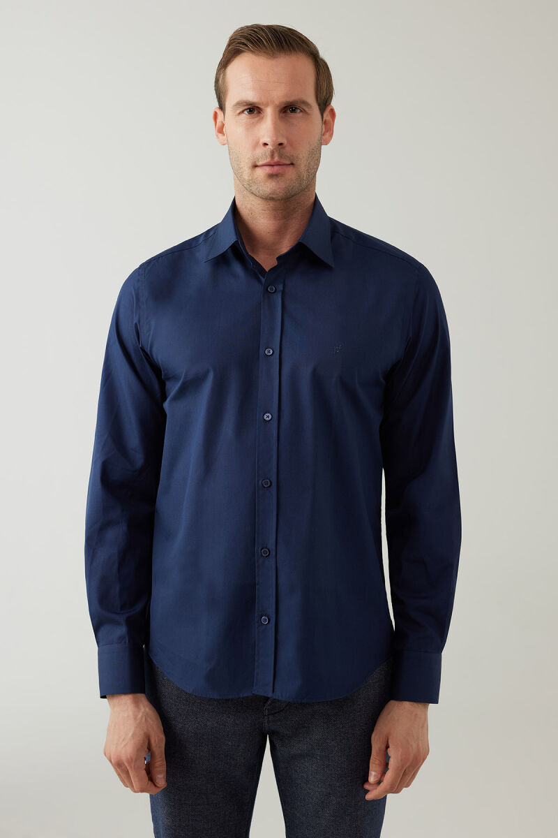 Erkek Lacivert Uzun Kol Silim Fit Saten Gömlek - 6