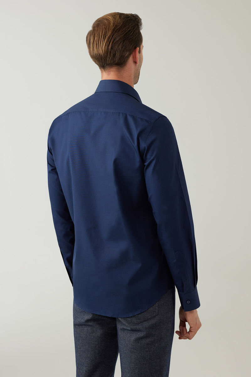 Erkek Lacivert Uzun Kol Silim Fit Saten Gömlek - 8
