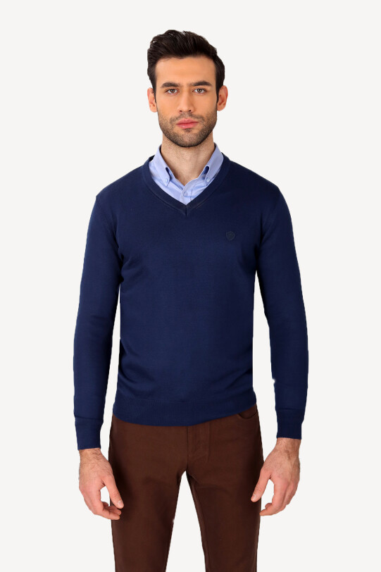 Erkek Lacivert V Yaka Klasik Triko