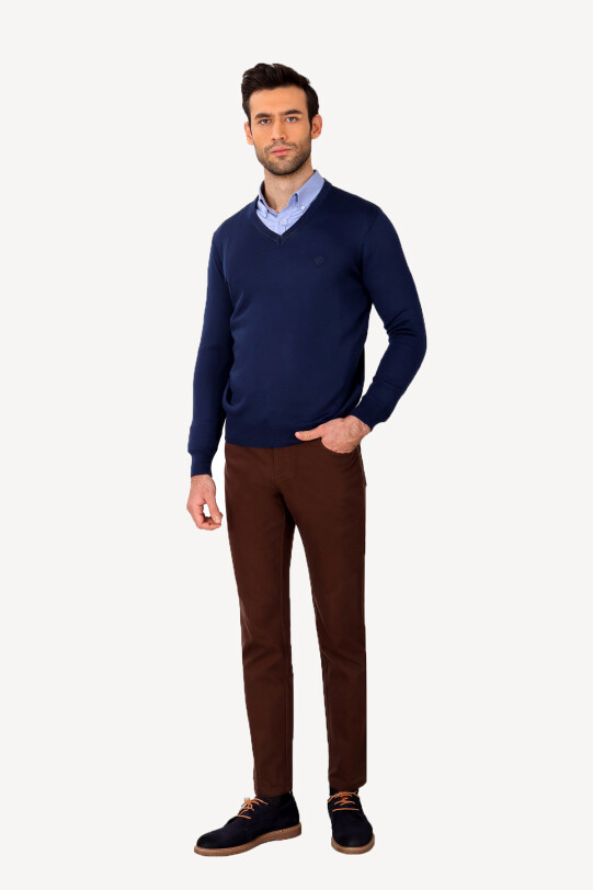 Erkek Lacivert V Yaka Klasik Triko