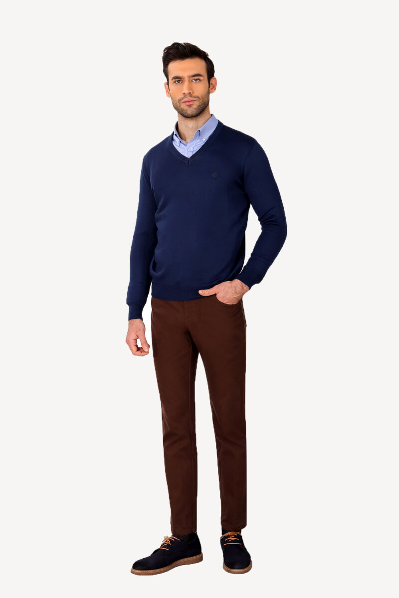 Erkek Lacivert V Yaka Klasik Triko - 2