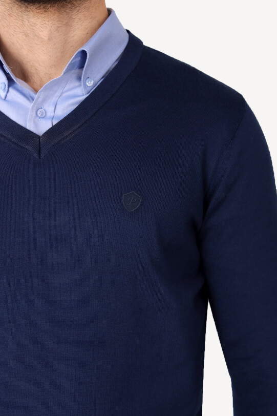 Erkek Lacivert V Yaka Klasik Triko