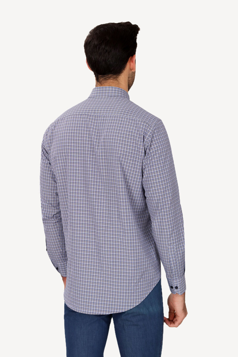 Erkek Lacivert Yaka Düğmeli Klasik Desenli Gömlek - 3