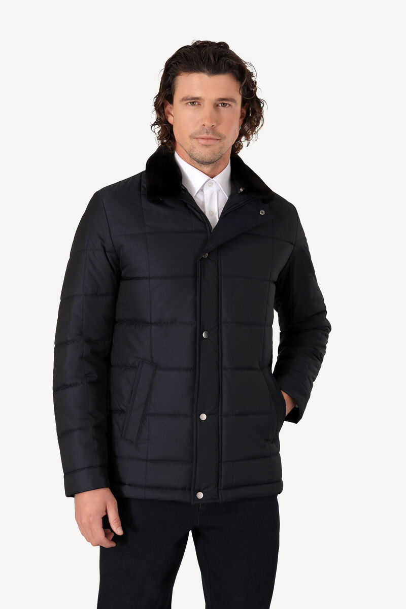 Erkek Lacivert Yakası Çıkabilen Kürklü Kaban - 1