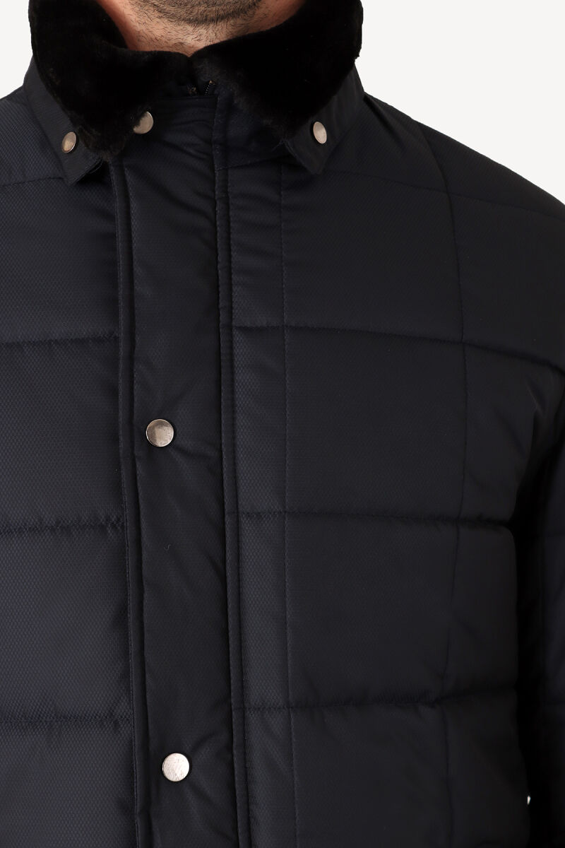 Erkek Lacivert Yakası Çıkabilen Kürklü Kaban - 5