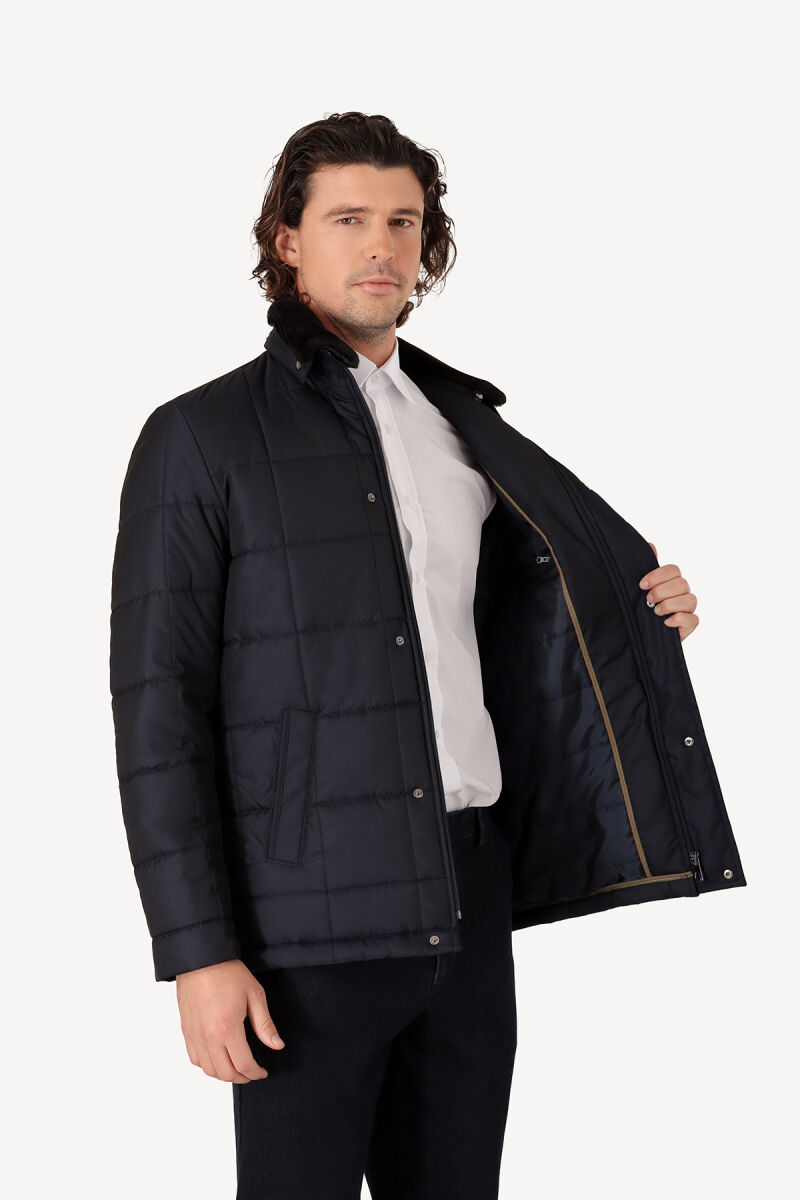 Erkek Lacivert Yakası Çıkabilen Kürklü Kaban - 6