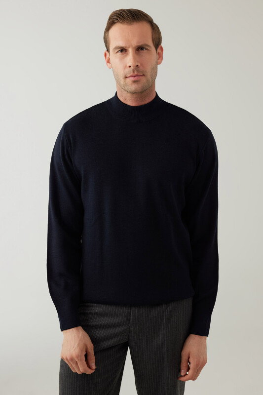 Erkek Lacivert Yarım Balıkçı Yaka Yünlü Triko