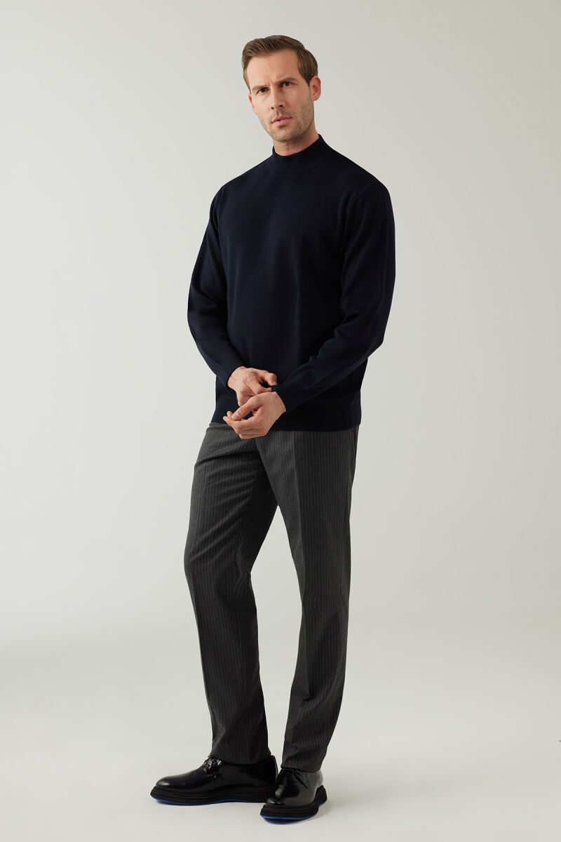 Erkek Lacivert Yarım Balıkçı Yaka Yünlü Triko - 4