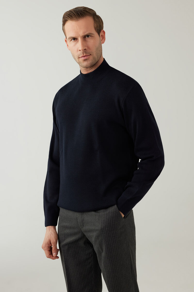 Erkek Lacivert Yarım Balıkçı Yaka Yünlü Triko - 5