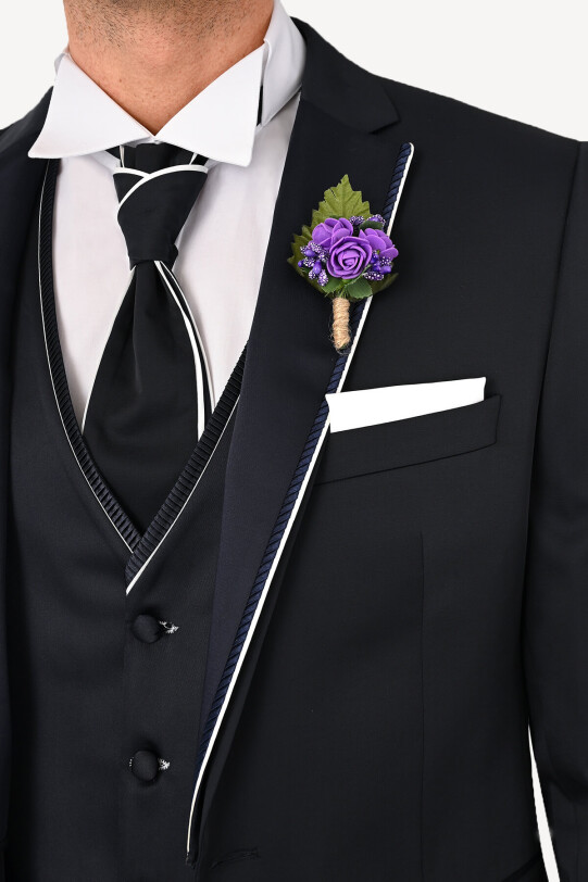 Erkek Lacivert Yelekli Mono Yaka Slim Fit Damatlık