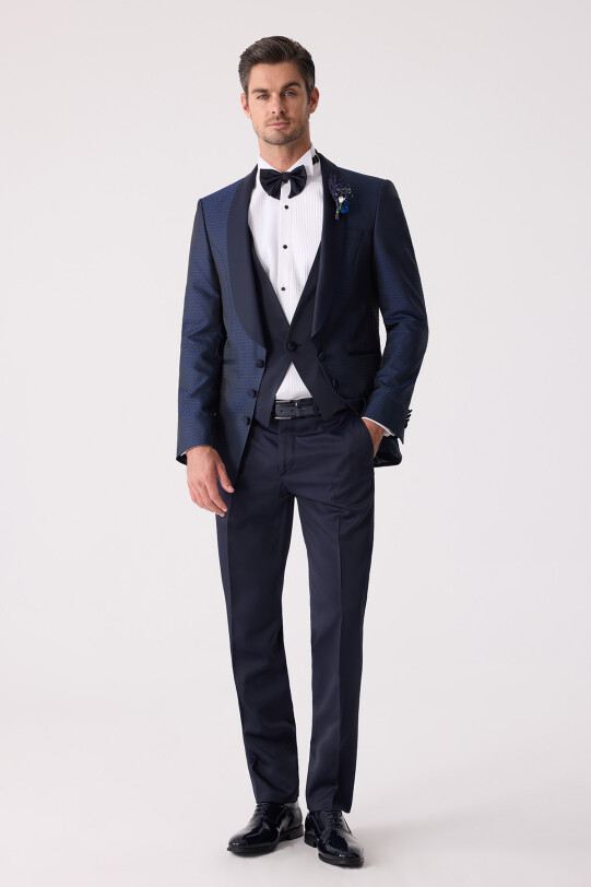 Erkek Lacivert Yelekli Slim Fit Damatlık