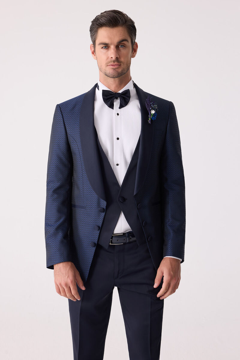 Erkek Lacivert Yelekli Slim Fit Damatlık - 5